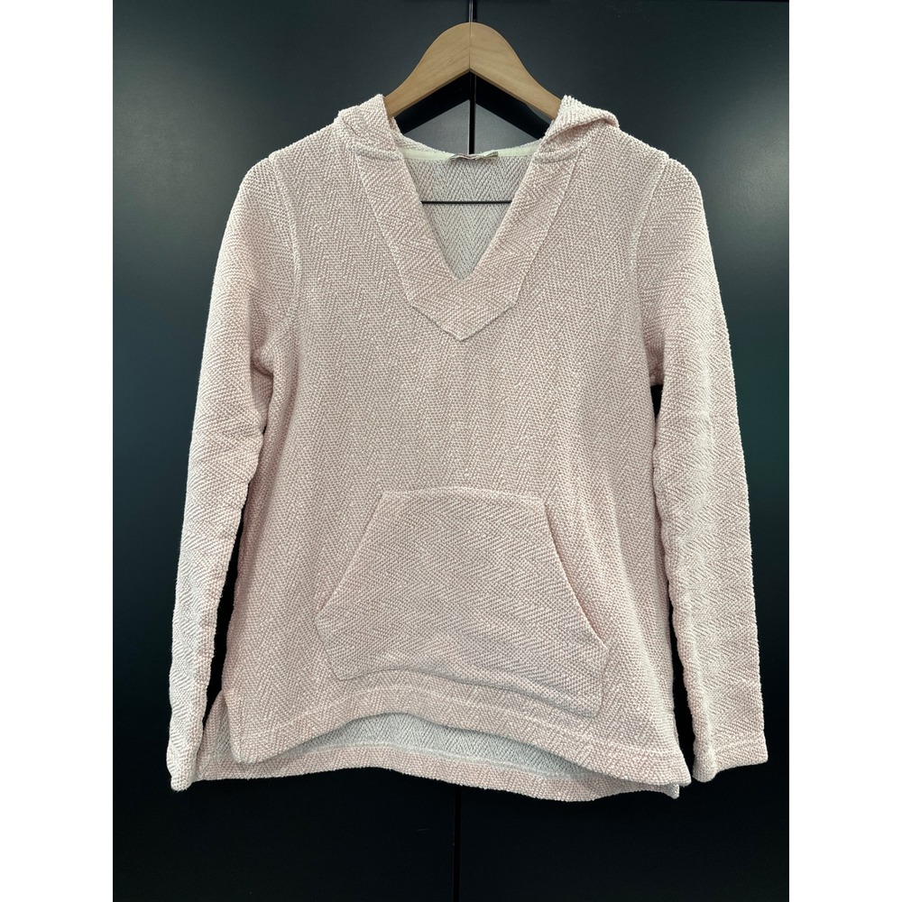 Faherty Women XS Pink Chevron Textured Knit V-Neck Hoodie Pullover Sweater